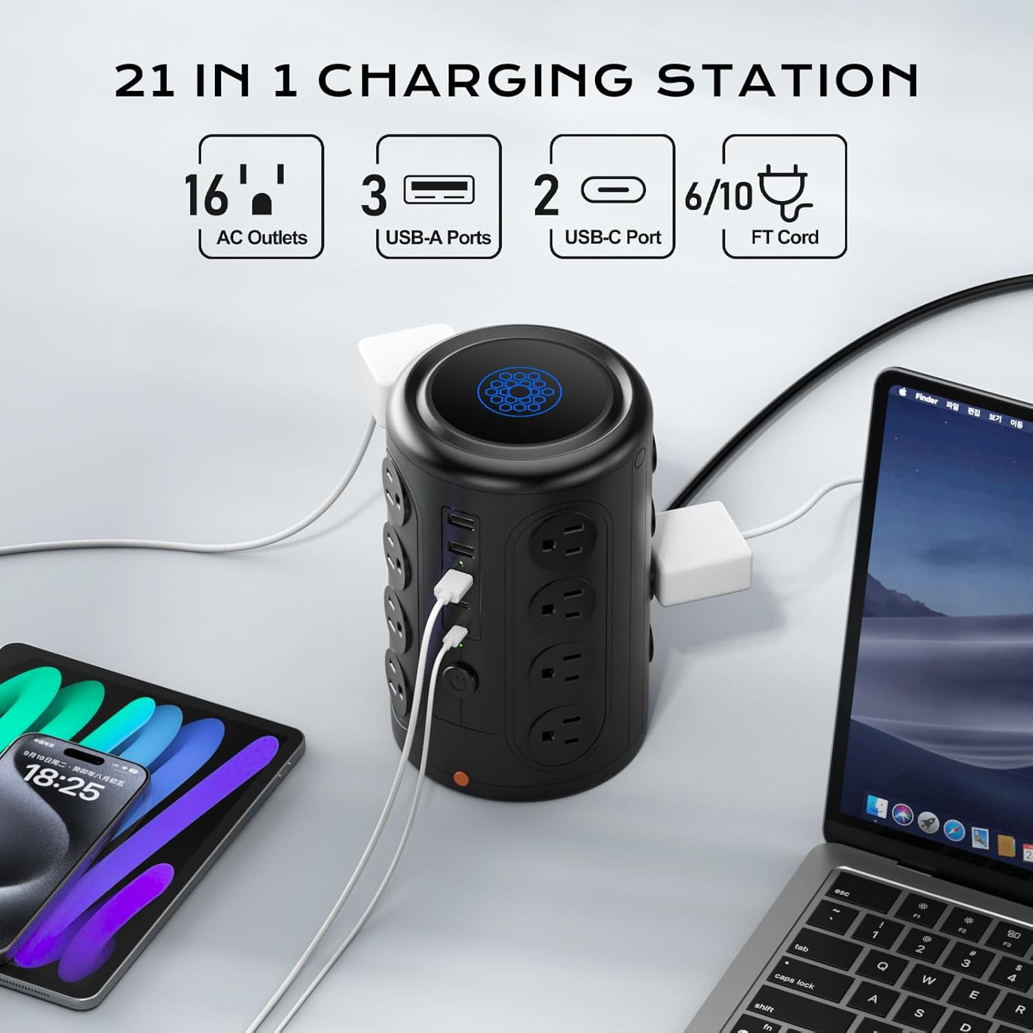 Surge Protector 10 FT Cord, Vertical Power Tower with 16 Outlets and 5 USB Ports (2 USB-C), 1875W 2000J Charging Station for Home Office Desk, Dorm Room Essentials, Black