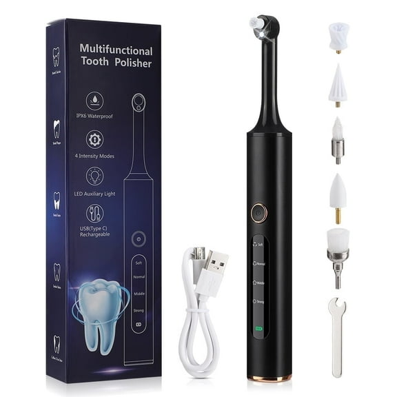 Tooth Polisher, Tooth Whitening Kit, Rechargeable Dental Polisher, Teeth Cleaning Kit with 5 Brush Heads, 4 Speed Modes and LED Light, IPX6 Waterproof for People/Pets