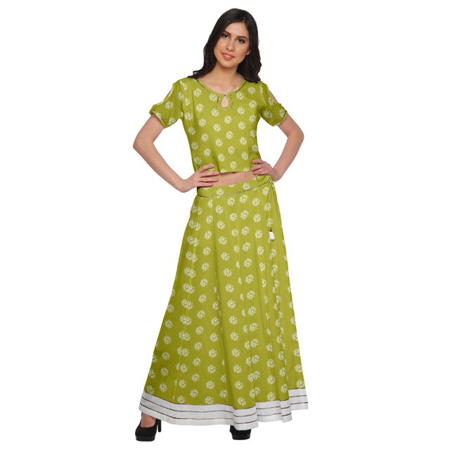 Moomaya Two Piece Maxi Skirt And Crop Top Printed Cotton Ethnic Set For Girls