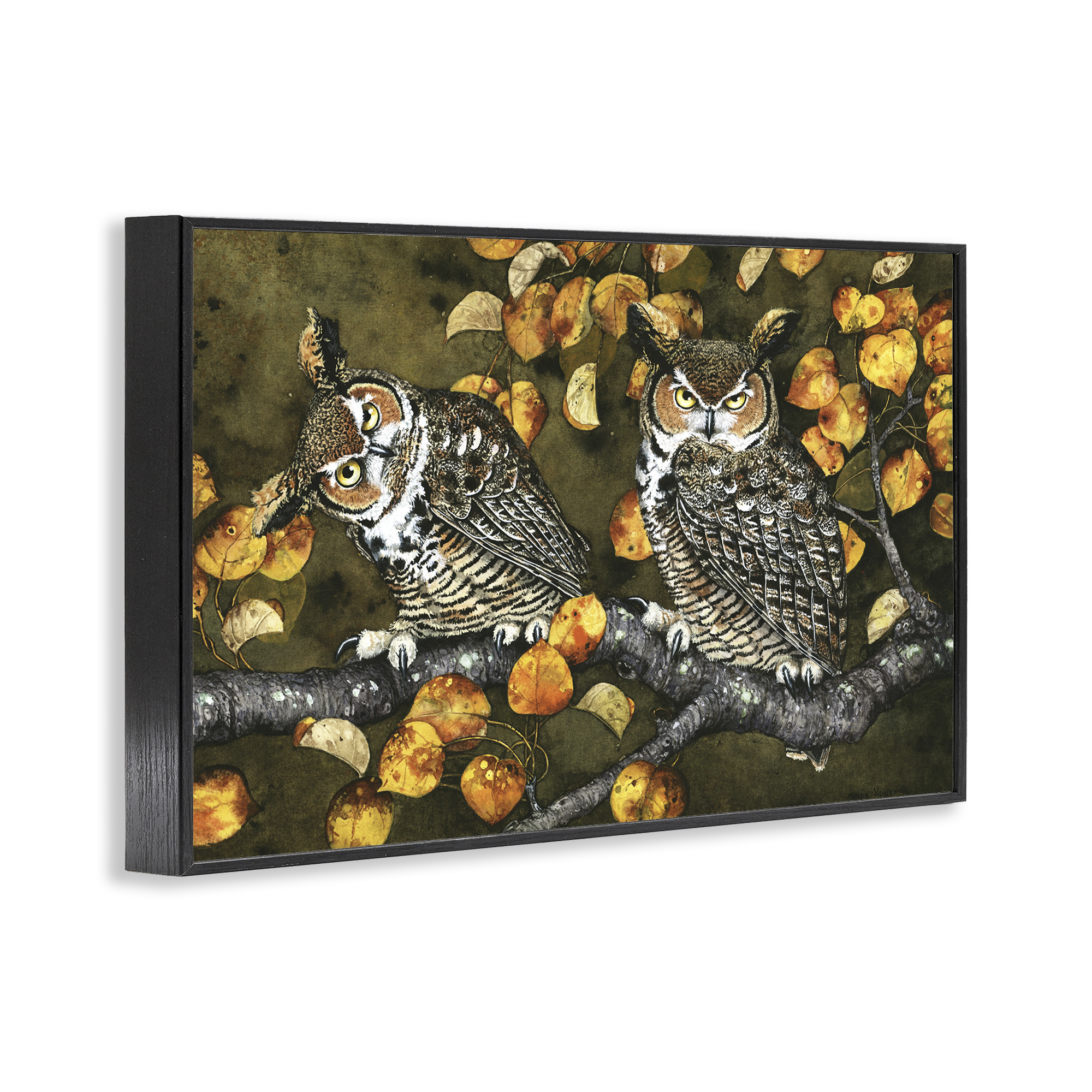 Stupell Industries Inquisitor Owls Autumn Branch Animals & Insects Painting Black Framed Art Print Wall Art, 24 x 16
