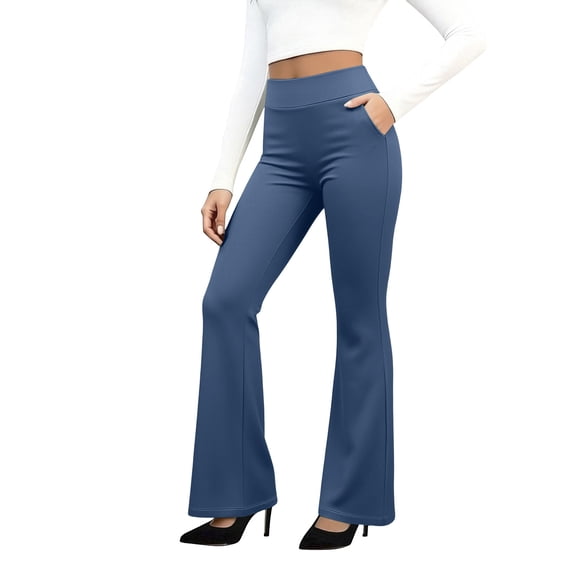 Domuza Womens Bootcut Wide Leg Yoga Pants with Pockets Bootleg High Waist Workout Tummy Control Flare Work Pants Blue S