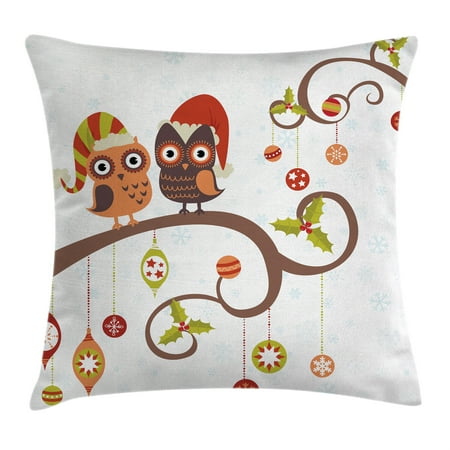 Owl Decorations For Home Christmas Decorations Throw Pillow Cushion Cover, Owls on Decorated Twiggy Tree Branches Annual Yule Noel Christmas Themed, Decorative Square Accent Pillow Case, 16 X 16 Inches, Multi, by Ambesonne ()