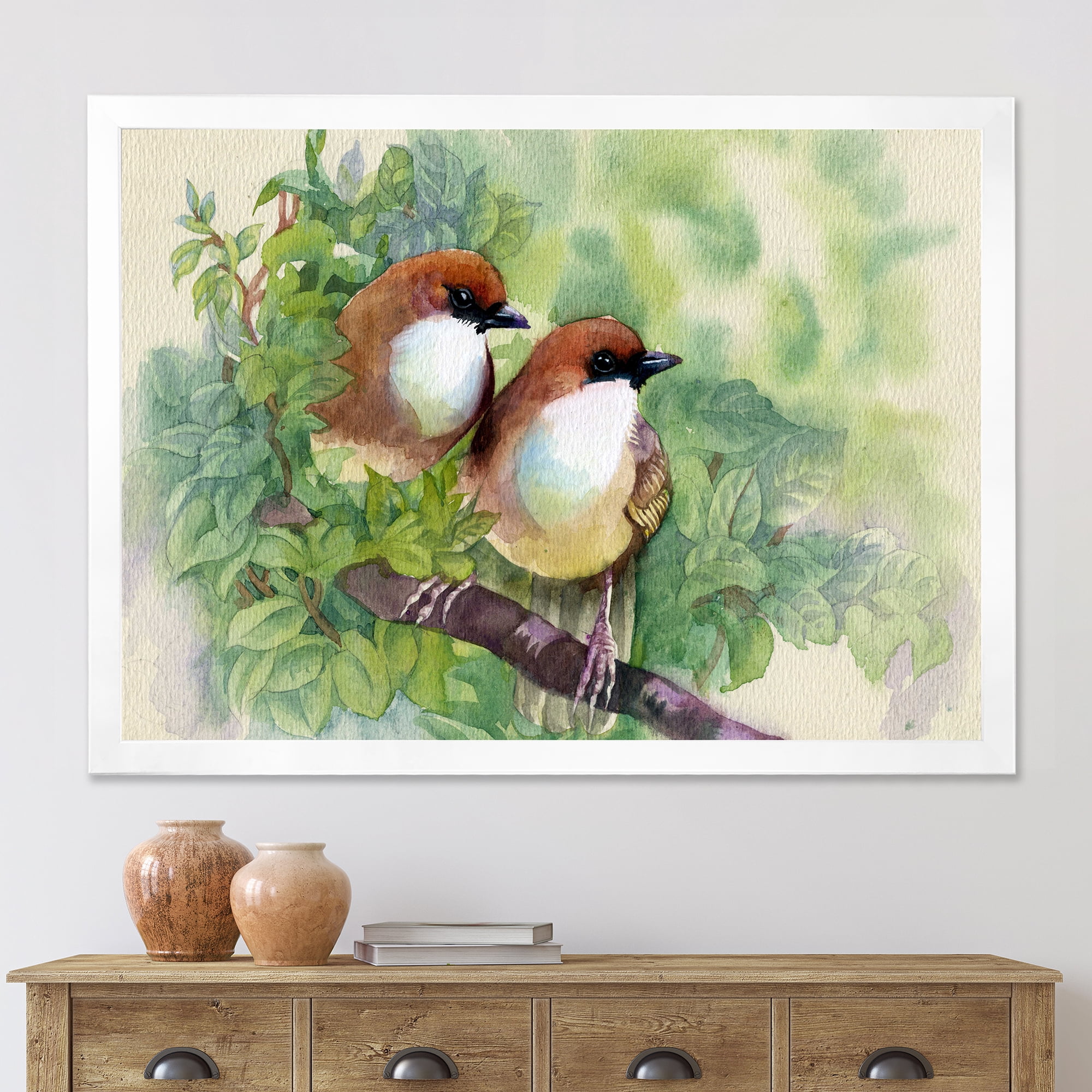 Birds Of Spring Sitting On Branch 40 in x 30 in Framed Painting Canvas Art Print, by Designart