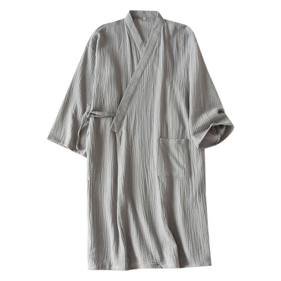PMVFHDE Men's Crepe Robe Japanese Double Layer Lightweight Bathrobe Cotton Comfortable Mens Pajamas Home Wear For All Seasons Grey,M