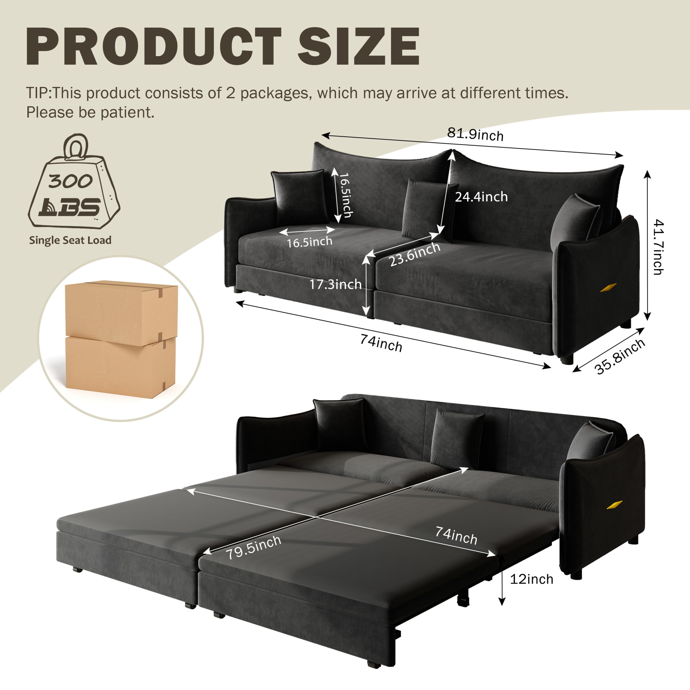 Noble House Abriel King Pull Out Sleeper Sofa Bed, Modern Velvet 3-in-1 Convertible Couch with Pillows, Black