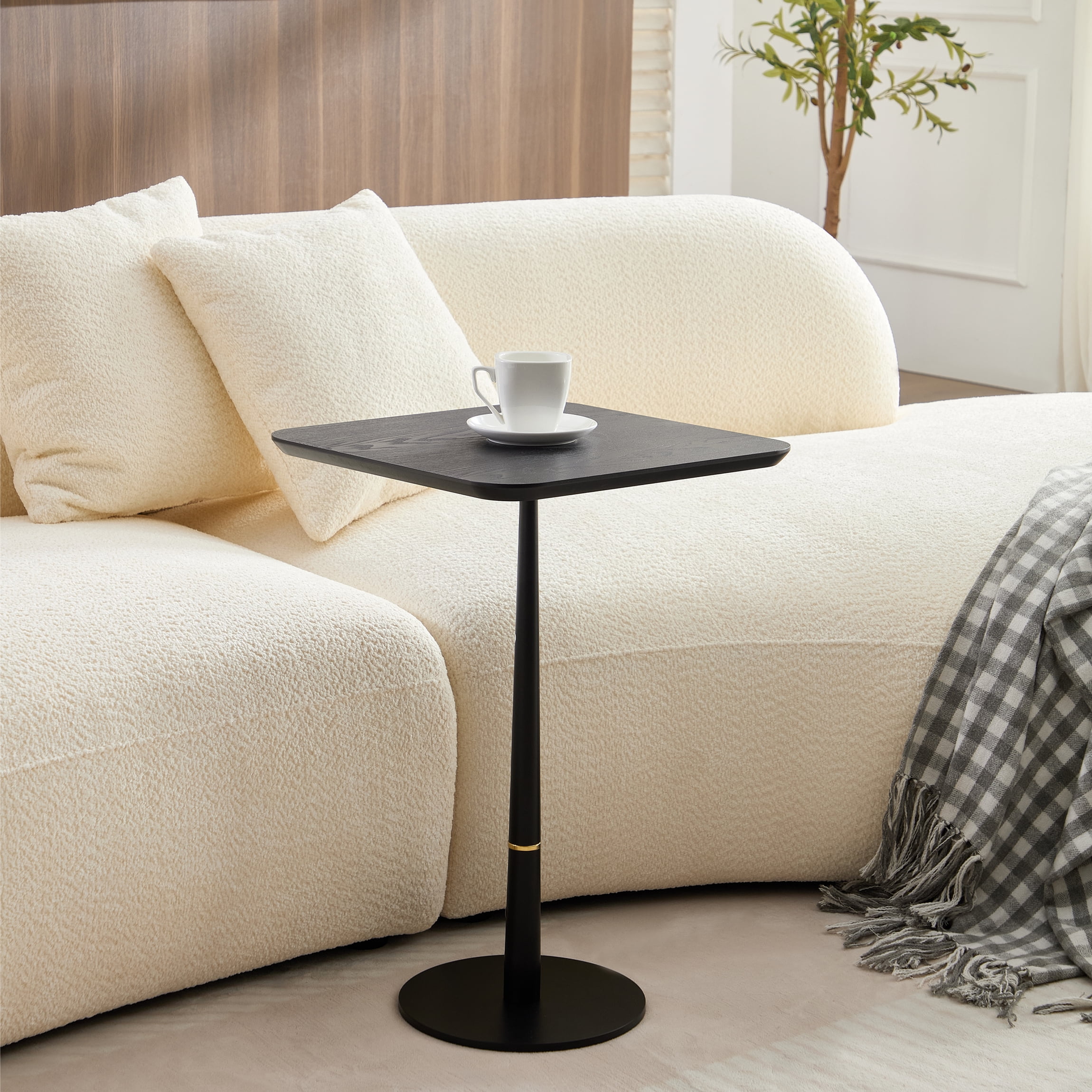 Square Coffee Table, Black Matte MDF Side Table with Metal Feet & Gold Decorative Ring, Waterproof Wear-Resistant Accent Table for Living Room Lounge Sofa Corner, Multi-Use as Computer Desk