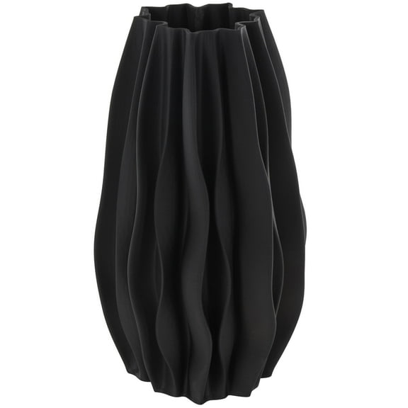 DecMode 14" Abstract Dimensional Wavy Ribbed Black Ceramic Vase with Floral Shaped Rim