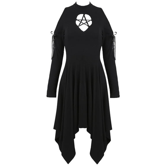 Women's Halloween Costume Sexy Dark Punk Dress Gothic Irregular Hem Long Sleeve Dress Off Shoulder Hollow Lace Up Dress Cosplay Clothing