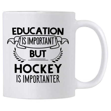 Funny Education Is Important But Hockey Is Importanter 11 oz Coffee Mug. Gift Idea For Players or Sports Fan. (White)
