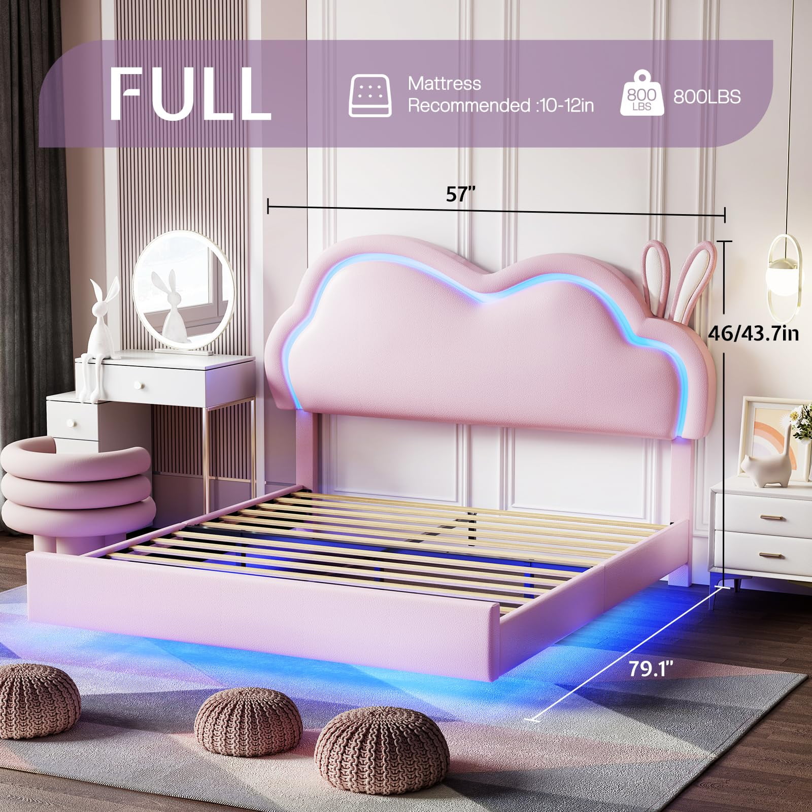 Merluxy Floating Full Bed Frame with Adjustable LED Headboard, Leather Upholstered Platform Bed Frame with Wood Slats Support, Easy Assembly, Pink