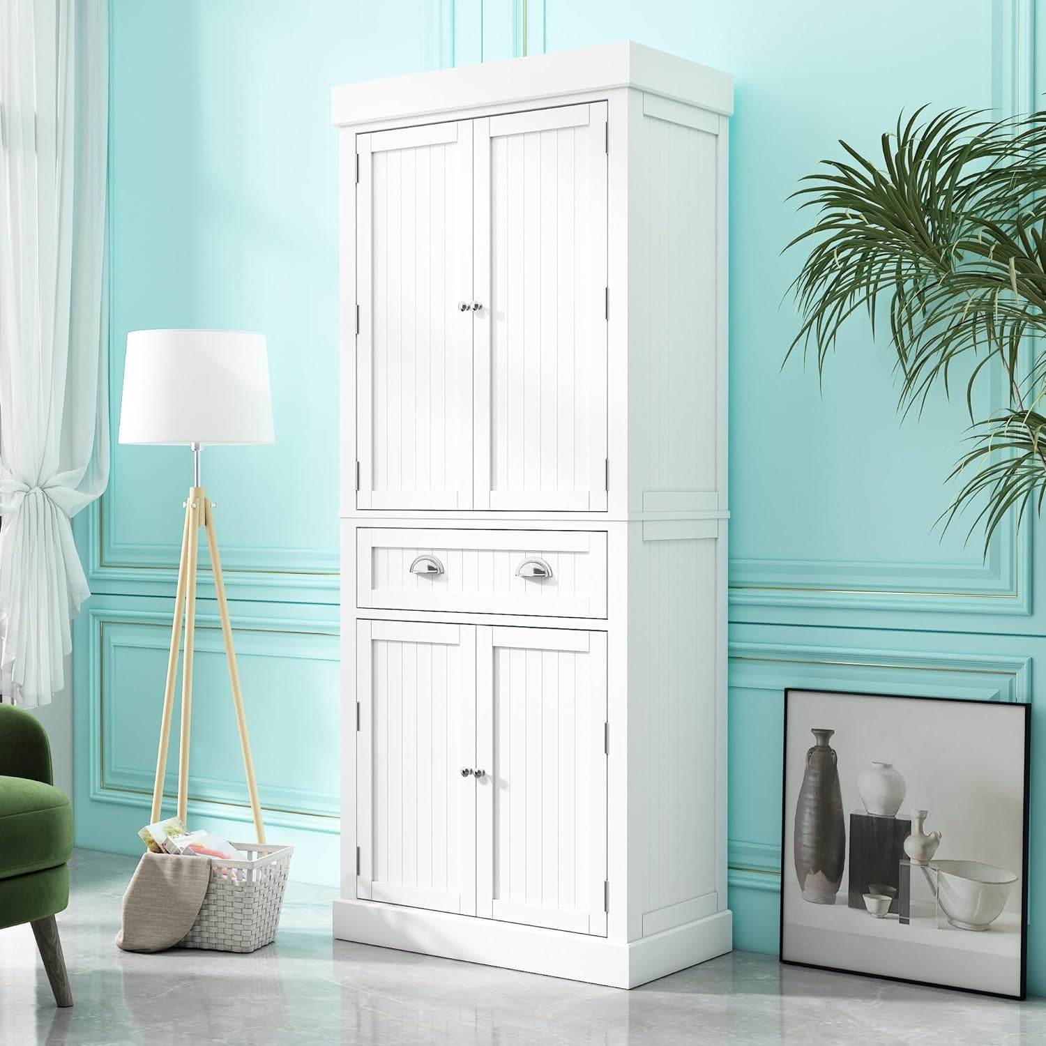 ChVans 72" Tall Kitchen Pantry with 4 Doors, Storage Cabinet with 1 Large Drawer 6 Hanging Shelves, Freestanding Cupboard for Dining Room Living Room