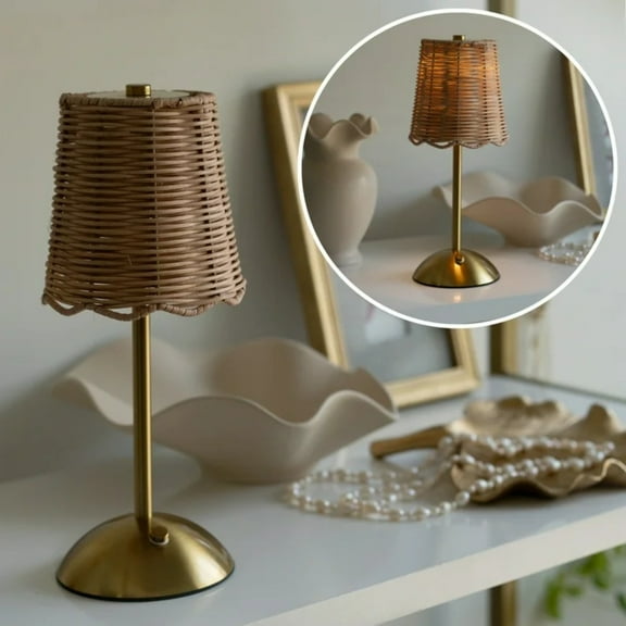 Rattan Table Lamp with Touch Dimmer | Gold-Tone LED Portable Lamp for Home Decor | 3 Light Modes & Rechargeable Battery | 11.89" Height | USB Charging (Adapter Not Included)