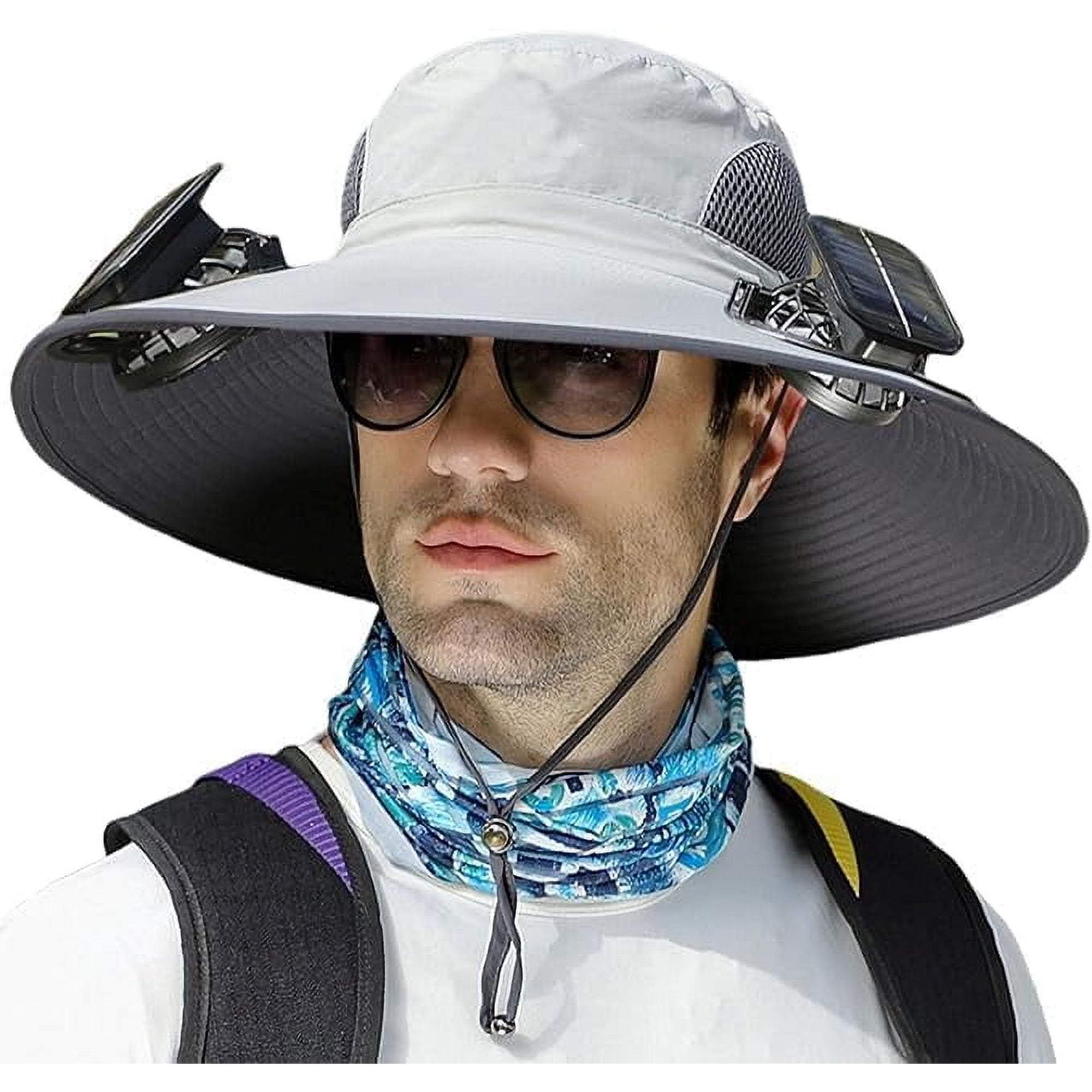 Solar Powered Fan Hat with 2 Removable Fans Wide Brim Sun Hat for Men Women Outdoor Fishing Hiking Gardening USB Solar Charging