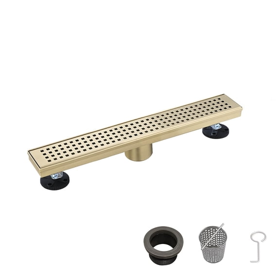JERFIT 12 Inch Brushed Gold Linear Shower Drain with Quadrato Grate, Removable Cover & Hair Strainer for Modern Bathroom