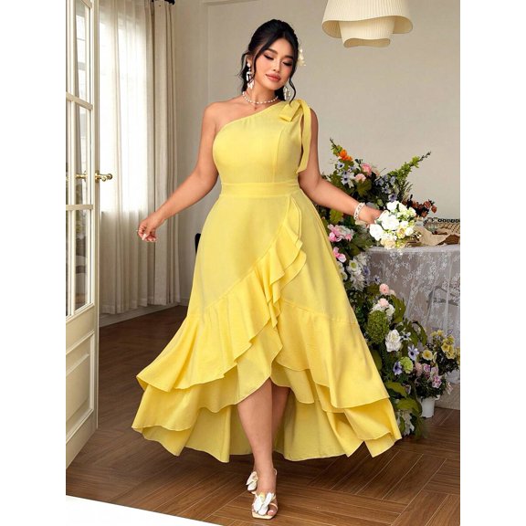 Pale Yellow Plus Size One-Shoulder A-Line Dress With Ruffle Hem And Tie Waist For Formal Evening Events