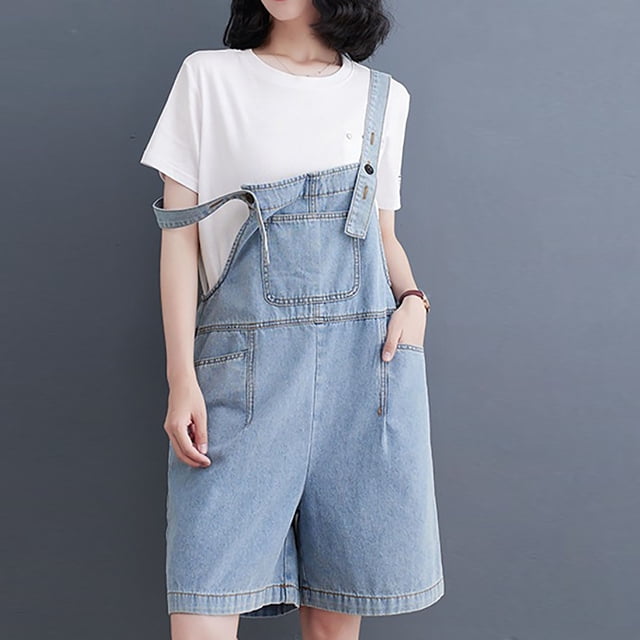 LOVZFMLL Combinaison en Denim pour Femmes Double Poche Combinaison Décontractée Shorts Pantalon à Bretelles Bleu m