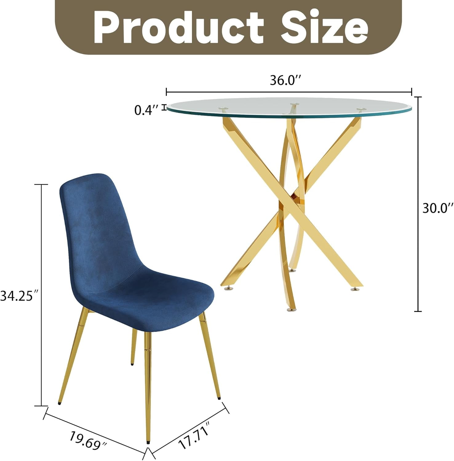 5-Piece 36" Square Glass Dining Set, Clear Tempered Glass Table & 4 Velvet Chairs with Stainless Steel Legs for Kitchen, Meeting Room