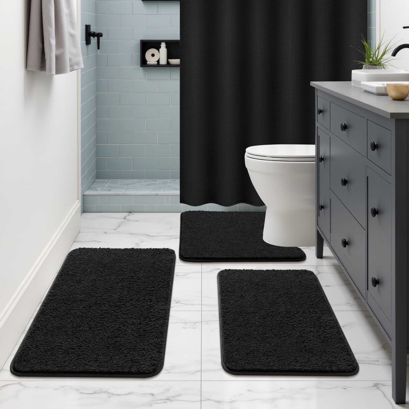 ‌Ileading 16-Piece Shower Curtain Set with Rugs, Waterproof Waffle Shower Curtain & Soft Non-Slip Bath Rugs with 12 Hooks, Black Bathroom Sets