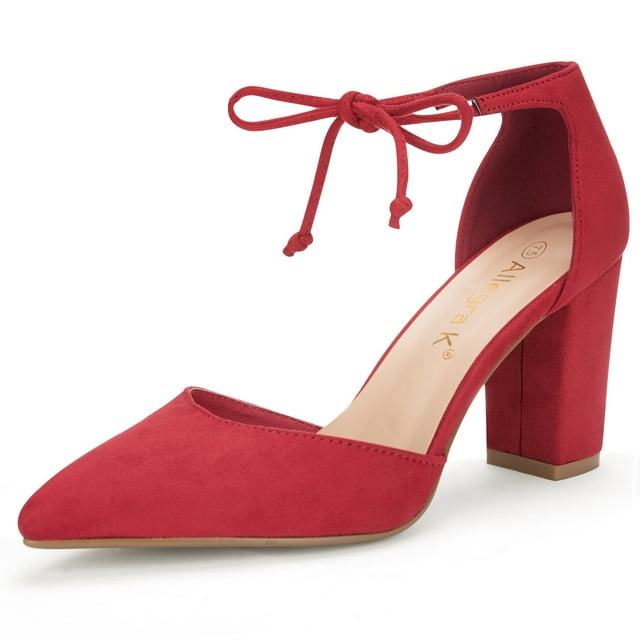 BLISSFUL STEP Women's Ankle Tie Block Heel Pointed Toe Dress Pumps