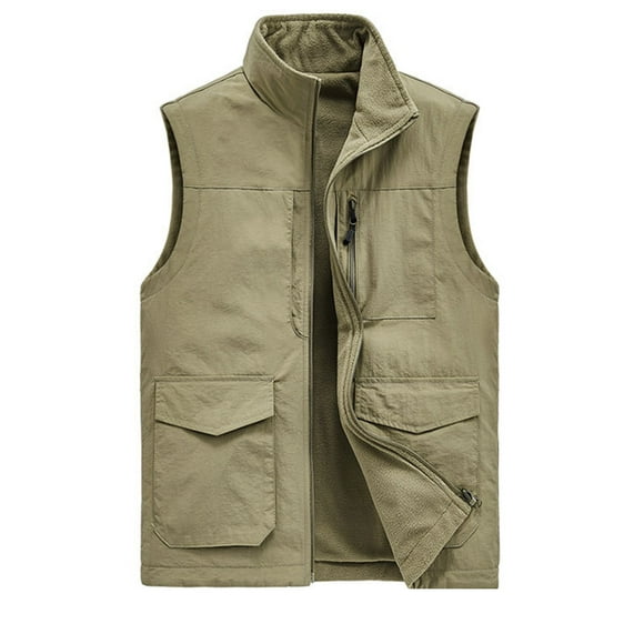 Wolfast Men's Fleece Fishing Vest Outdoor Work Quick-Dry Hunting Zip Reversible Travel Vest Jacket with Multi Pockets,Khaki M