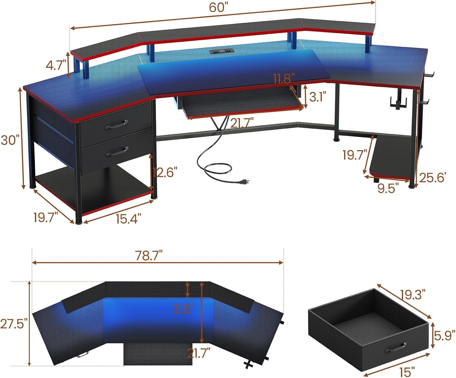 SEDETA 79" Gaming Desk with LED Lights and Power Outlets, U Shaped Desk with Monitor Stand and Drawers, Gaming Table with Keyboard Tray, Cup Holder and CPU Stand for Bedroom, Carbon Fiber Black & Red