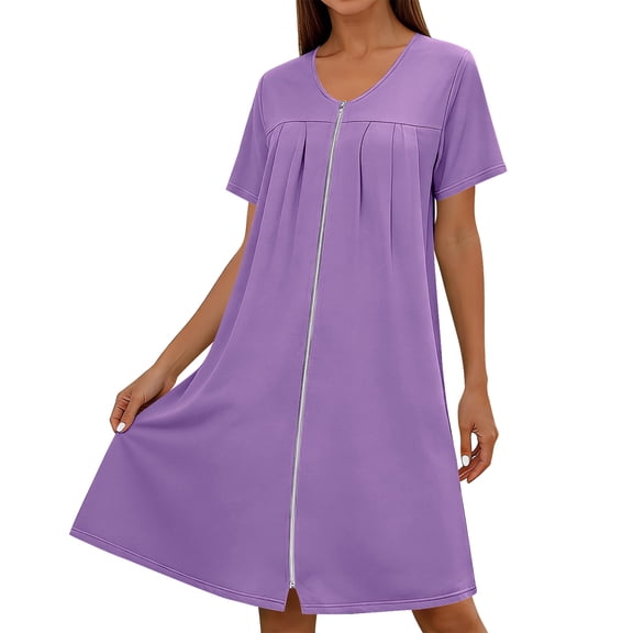 Cxenplz Zipper Robes for Women Short Sleeve Bathrobes Lightweight Knee Length Housecoat Nightgown
