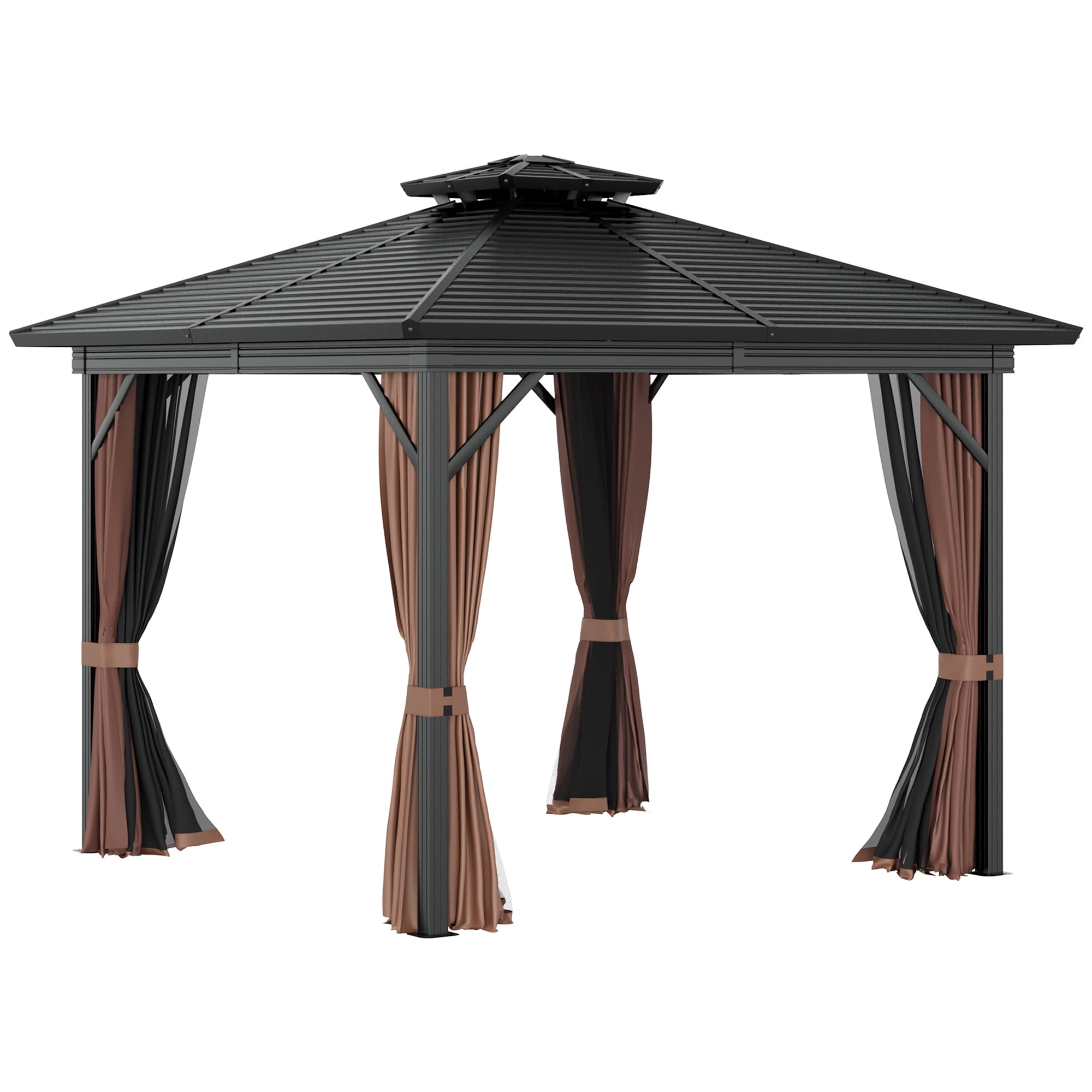 Outsunny 10' x 10' Metal Roof Hardtop Gazebo w/ Curtains & Netting, Brown