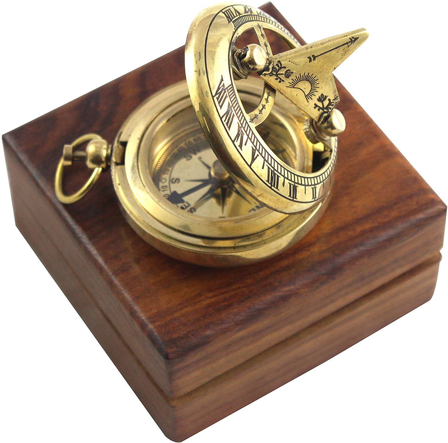 Nautical 3" Brass Sundial Compass With Beautiful Wooden Box In Antique Finish 