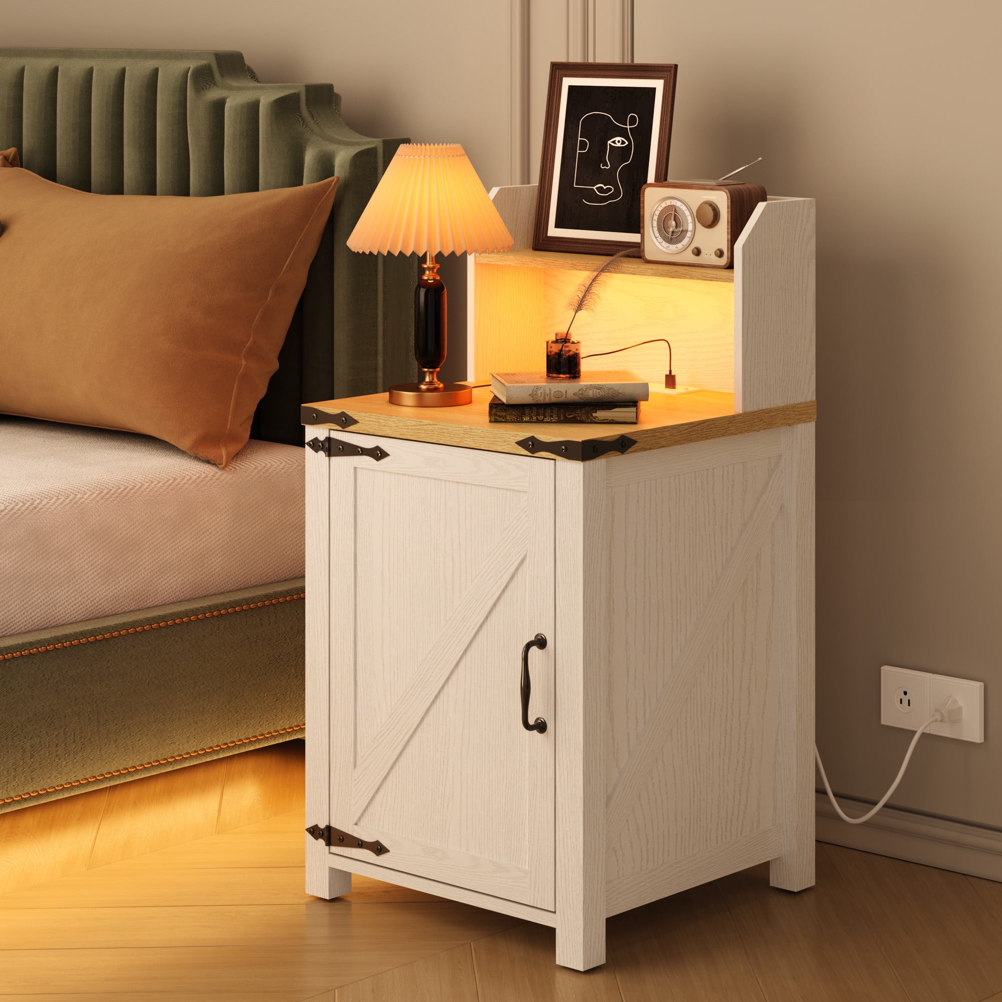 Holaki 18" Nightstand with Charging Station, End Table with LED Lights Strips, Rustic Wood Bedside Table with Adjustable Storage Shelf & Barn Door, Versatile Nightstand for Bedroom Living Room, White