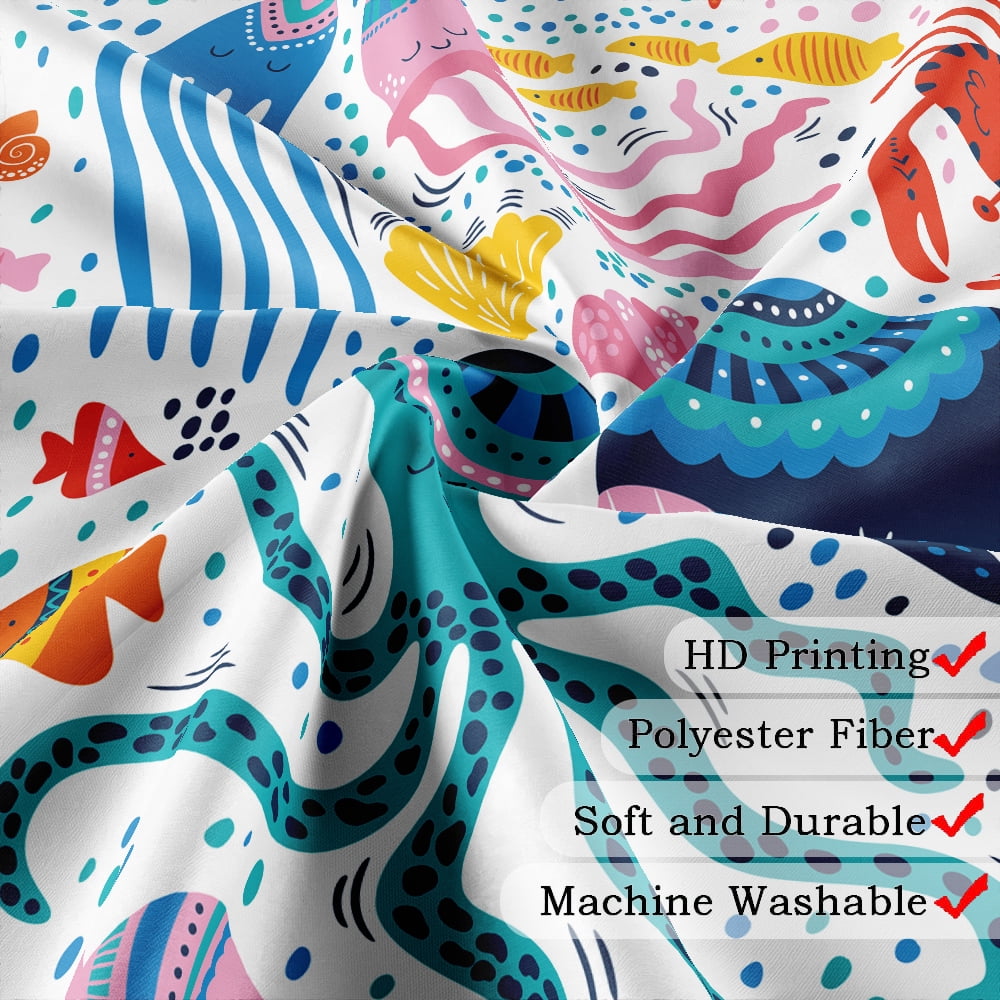 Kids Ocean Shower Curtain, Cartoon Cute Whale Octopus Starfish Crab Sealife Under The Sea Shower Curtain Set for Baby Boys Girls, Underwater Fish Animal Shower Curtains Bath Decor with Hooks
