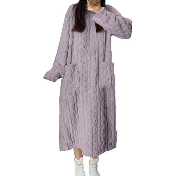 Women Sherpa Fleece Robe Long Sleeve Warm Winter Loungewear Thick Plush Bathrobe Cozy Sleepwear with Pockets