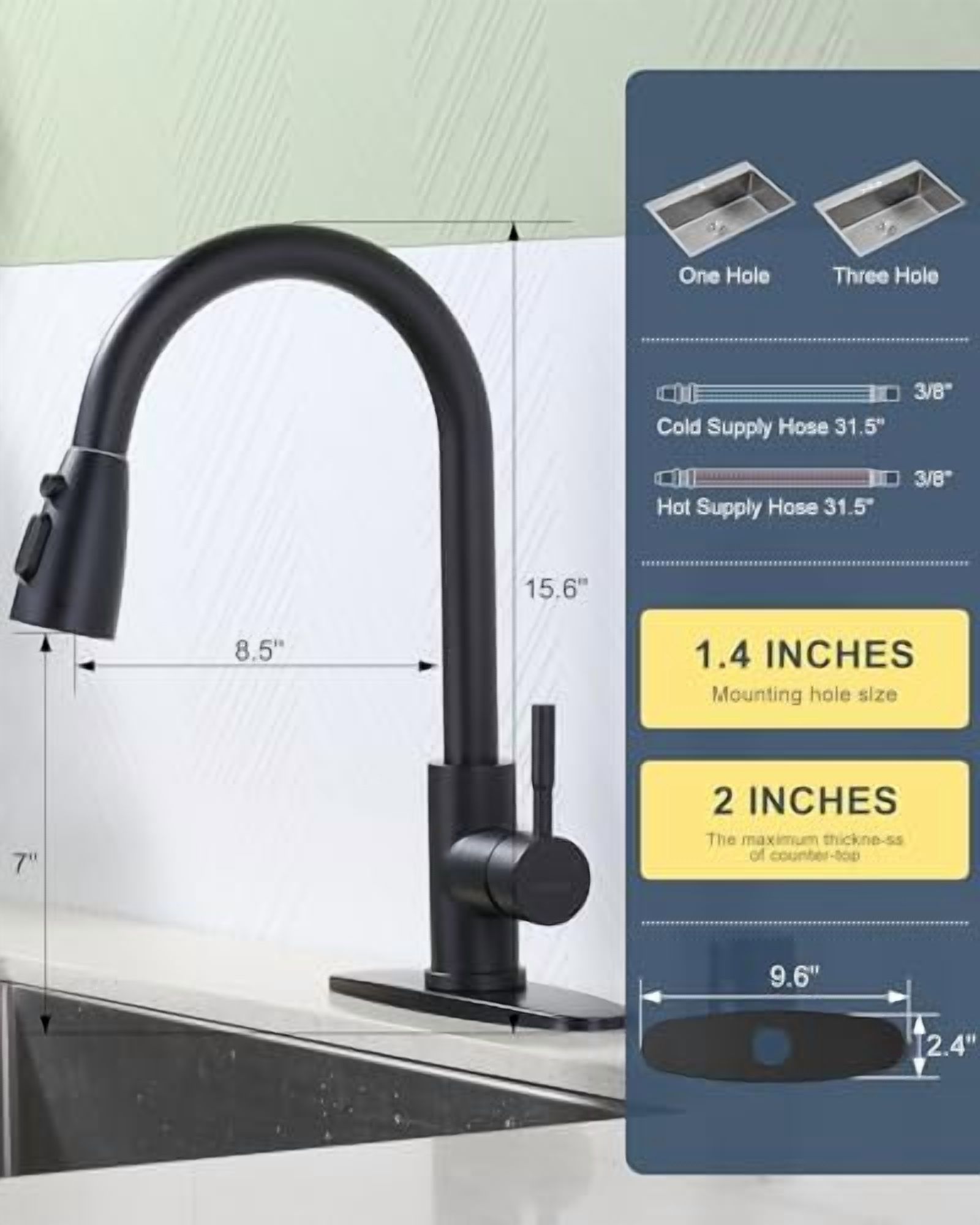 Kitchen Faucet with Air Gap:  Stainless Steel Kitchen Sink Faucet and Dishwasher Air Gap Kits for Kitchen Sink 2 or 4 Hole, Matte Black Finish