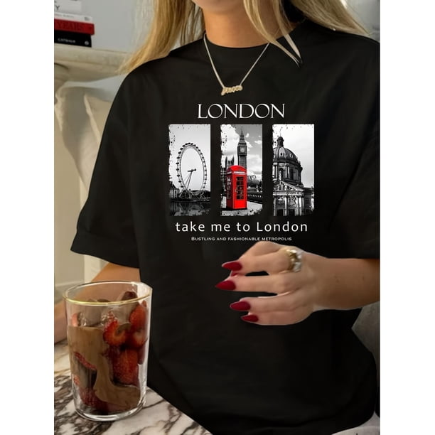 1pc Vintage London Print T-Shirt for Women - Geometric Pattern Crew Neck Short Sleeve Tee, 100% Cotton Knit Fabric, Summer Casual Top
