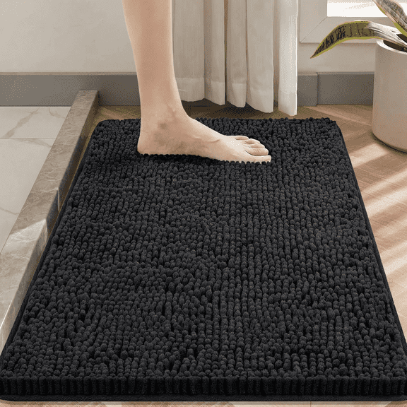 Evlmd Large Bathroom Rugs, Soft Chenille Non-Slip Bath Rug, Strong Water Absorbent Quick Dry Machine Washable, 24" x 59" Black Shower Mat for Tub & Bathroom Floor