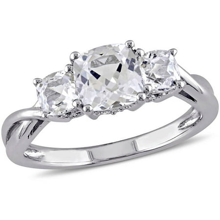 2 Carat T.G.W. Cushion and Round-Cut Created White Sapphire and Diamond-Accent 10kt White Gold Three Stone Engagement