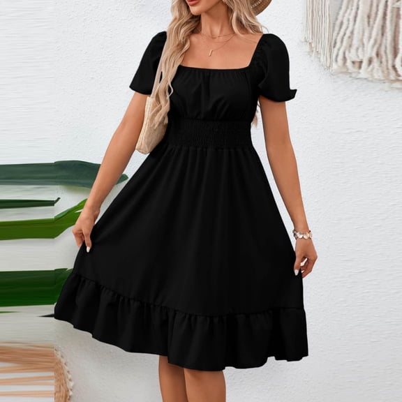 ClodeEU Women's Square Neck Ruffle Short Sleeve Tunic Midi Dress,Casual Flowy Summer Sundress Black,Women's Plus L