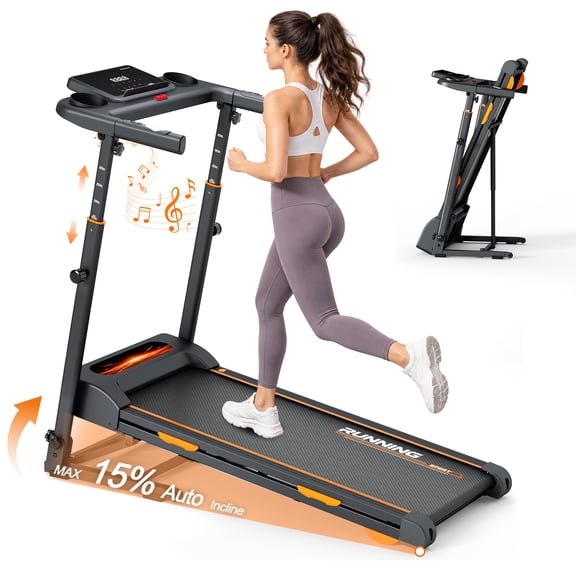 Folding Treadmill with 15 Auto Incline Levels, One-Click Fold foldable treadmill with Touchscreen, Heart Rate, App and Bluetooth Speaker, 3.0HP Motor, Adjustable Height, 300 lbs Capacity