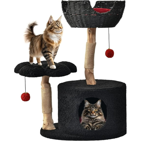 Modern Cat Tree, Wood Cat Tree Tower for Large Cats, Luxury Cat Condo with Scratching Posts and Flower Platforms, Cat Furniture by Easyego,(Black)