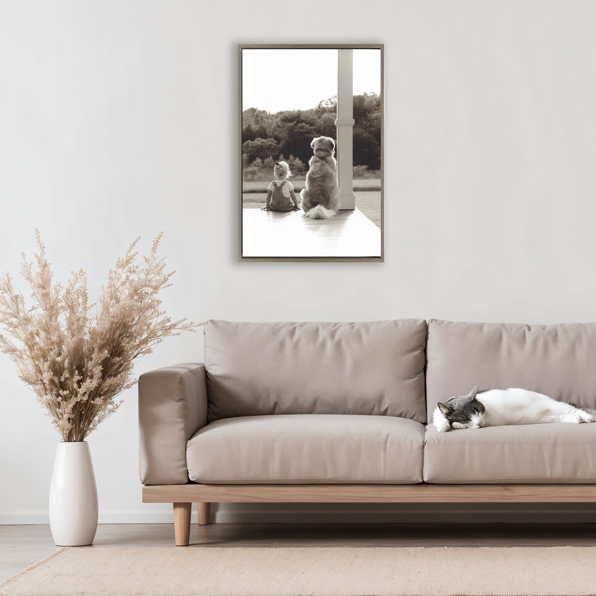 Stupell Industries Child And Dog Friendship Brown Framed Floater Canvas Wall Art, design by Kendra Dew