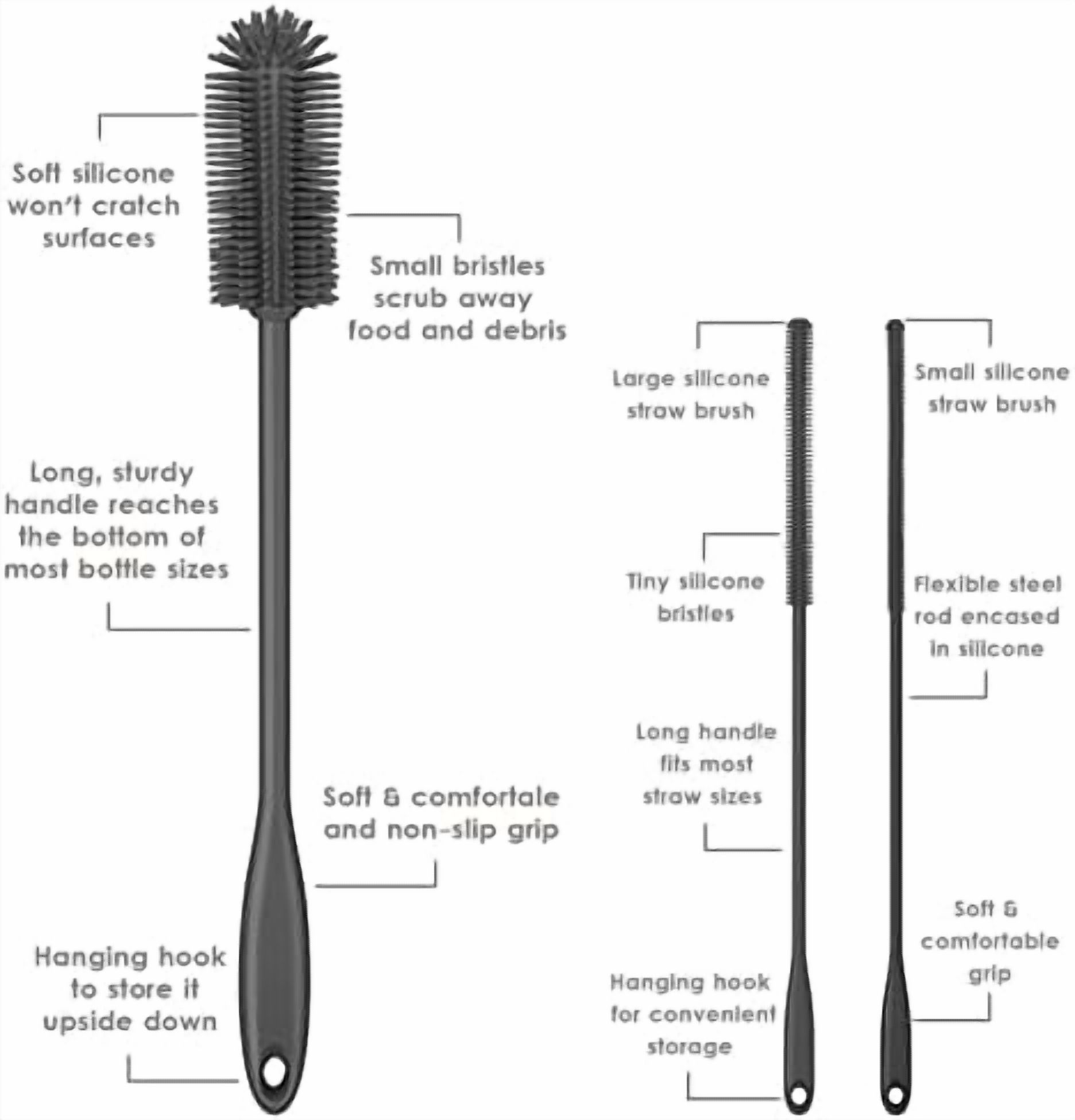 3-in-1 Silicone Bottle Brush and Straw Cleaning Brush Set, Water Bottle Cleaner for Narrow Neck Containers, Tumblers, Flask, Vase and Glassware (Charcoal)