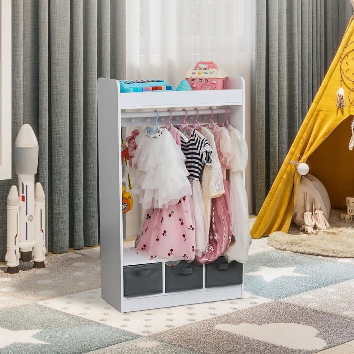 Kids Costume Organizer Rack, White Open Hanging Armoire Closet w/Full-Length Mirror, Playroom Storage for Dress-Up Clothes & Toys