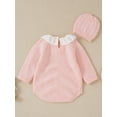 thumbnail image 5 of TSEXIEFOOFU Baby Girls Jumpsuits Outfit Patchwork Ruffle Collar Long Sleeves Knitted Romper and Beanie Hat Set, 5 of 9