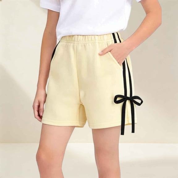 Kids Girls Athletic Shorts Elastic Waist Side Stripe Bow Accent Sweat Shorts for Sports Casual Summer Outfits, 1-7Y