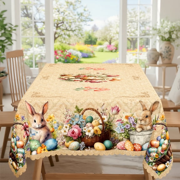 FDEEOM Easter Tablecloth Rectangle 55 x 70 , Easter Table Cover Rectangle with Bunny and Eggs, Tulip Floral Printed Design Kitchen Table Cover for Dining Room Tulips Floral Indoor Decor