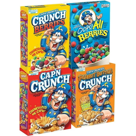 Cap'n Crunch Breakfast Cereal, Variety Pack, 4 Boxes (1 Original, 1 Oops! All Berries, 1 Crunch Berries, 1 Peanut Butter Crunch)