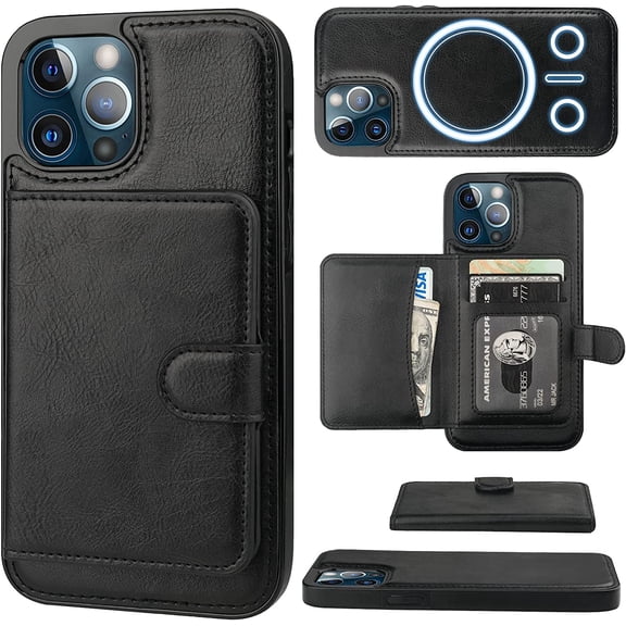 Wallet Case for iPhone 12 Pro Max Compatible with MagSafe Magnetic RFID Blocking Detachable Premium PU Leather Flip Case with Card Slots Holder Kickstand Wireless Charging 6.7 Inch (Black)