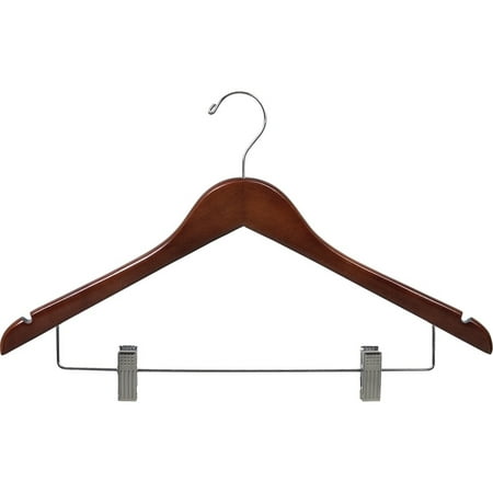 Wood Combo Hanger w/ Cushion Clips, Box of 50 Space Saving 17 Inch Flat Wooden Hangers w/ Walnut Finish & Chrome Swivel Hook & Notches for Shirt Jacket or Dress by International