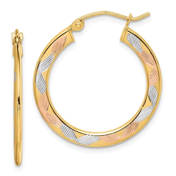 Solid 14k White and Yellow Gold Two Toned White and Rose Diamond-cut Hoop Earrings