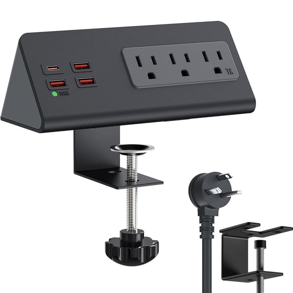 Power Strips with PD 20W, Nightstand Edge Mount Power Strip, Desk Clamp Power Sockets with 3 AC Outlets, 4 Fast Charging USB Ports, Ports Tabletop Surge Protector for Home Office Hotel and Dormitory