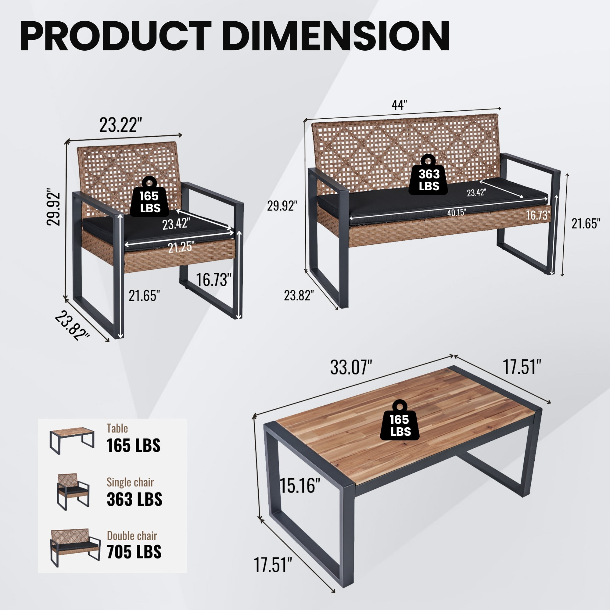 Segmart Patio Conversation Set for Outdoor,Upgrade 4-Piece Conversation Furniture Set w/Loveseat Sofa, 2 Single Sofas, Coffee Dining Table and Padded Cushions, Max Weight 705 lbs, Brown